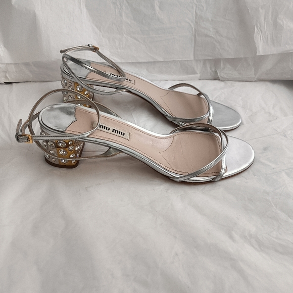 Miu Miu Embellished Crystal Heel Metallic SilverSandals Shoes size 38